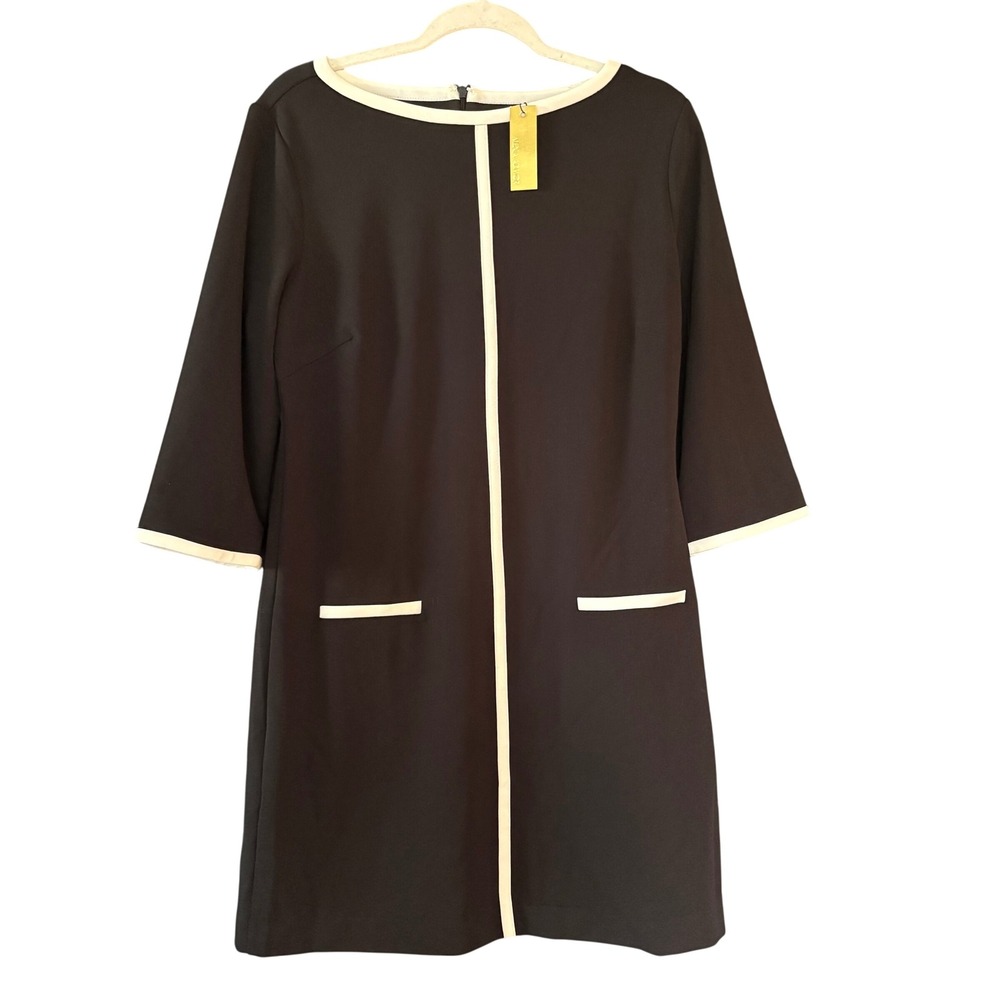 $228 NWT Alexia Admor Black Sz M White Trim 3/4 Sleeve Shift Dress Stretch LBD